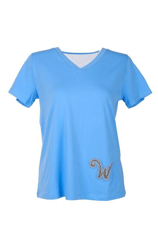 Vedi Oversize V Yaka İnci Detaylı Kadın T-Shirt - Kısa Kol
