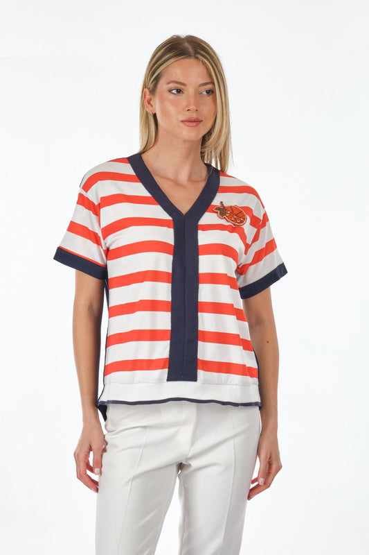 Vedi Oversize V Yaka Çizgili Kadın T-Shirt - Minimalist Stil