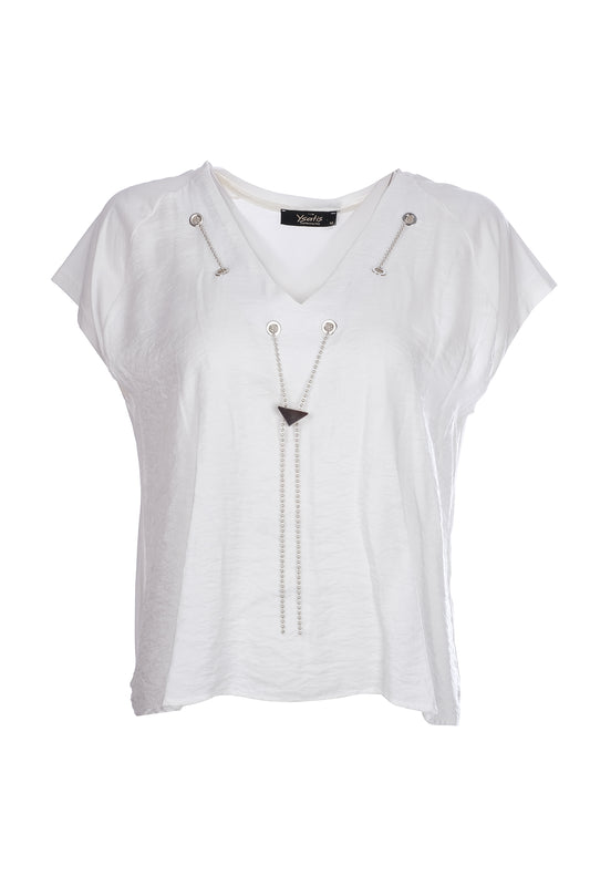 Ysatis Minimalist V Yaka Oversize Kadın Bluz - Kısa Kol