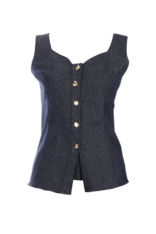 Ysatis Minimalist Crop Denim Yelek - Kolsuz, Düğmeli, Günlük