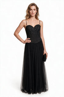 Doridorca Kadın Kalp Yaka Korse Detaylı Simli Tül Uzun Abiye Elbise