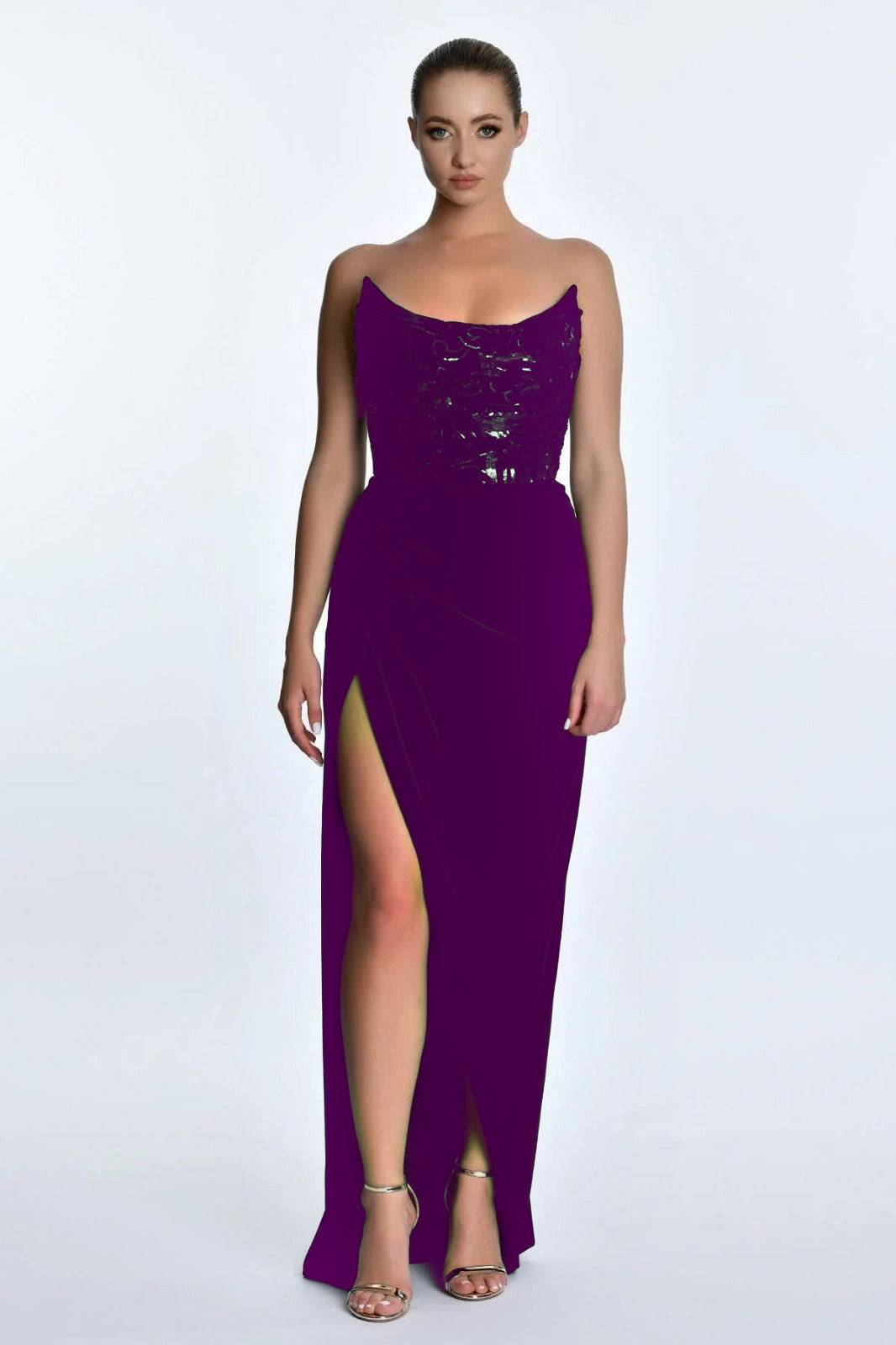 Alfa Beta Straplez Pul Detaylı Derin Yırtmaçlı Maxi Boy Kadın Abiye 2125793 Secondary image