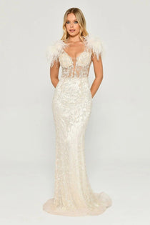 Alfa Beta Omzu Otrişli Taşlı Uzun Abiye Elbise