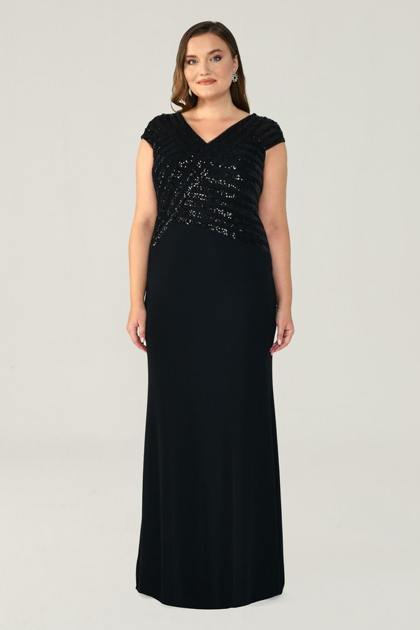 Alfa Beta V Yaka Üst Payetli Uzun Abiye Elbise 25Y4126
