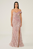 Alfa Beta One Off-Shoulder Side Slit Sequin Long Evening Dress