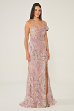 Alfa Beta One Off-Shoulder Side Slit Sequin Long Evening Dress