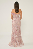 Alfa Beta One Off-Shoulder Side Slit Sequin Long Evening Dress