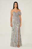 Alfa Beta One Off-Shoulder Side Slit Sequin Long Evening Dress
