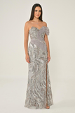 Alfa Beta One Off-Shoulder Side Slit Sequin Long Evening Dress