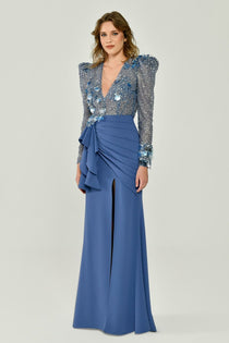 Alfa Beta Uzun Kollu Derin V Yaka Önden Yırtmaçlı Uzun Abiye Elbise