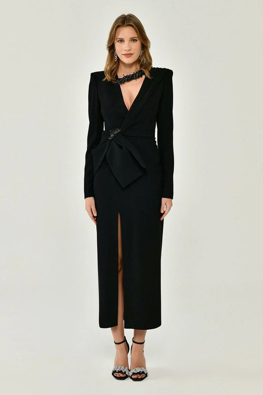 Alfa Beta Uzun Kollu Vatkalı V  Midi Abiye Elbise 42-3 Siyah