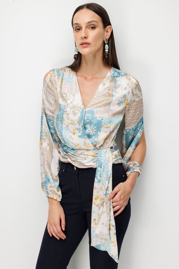 Beli Fularlı Desenli Crop Bluz Ekol