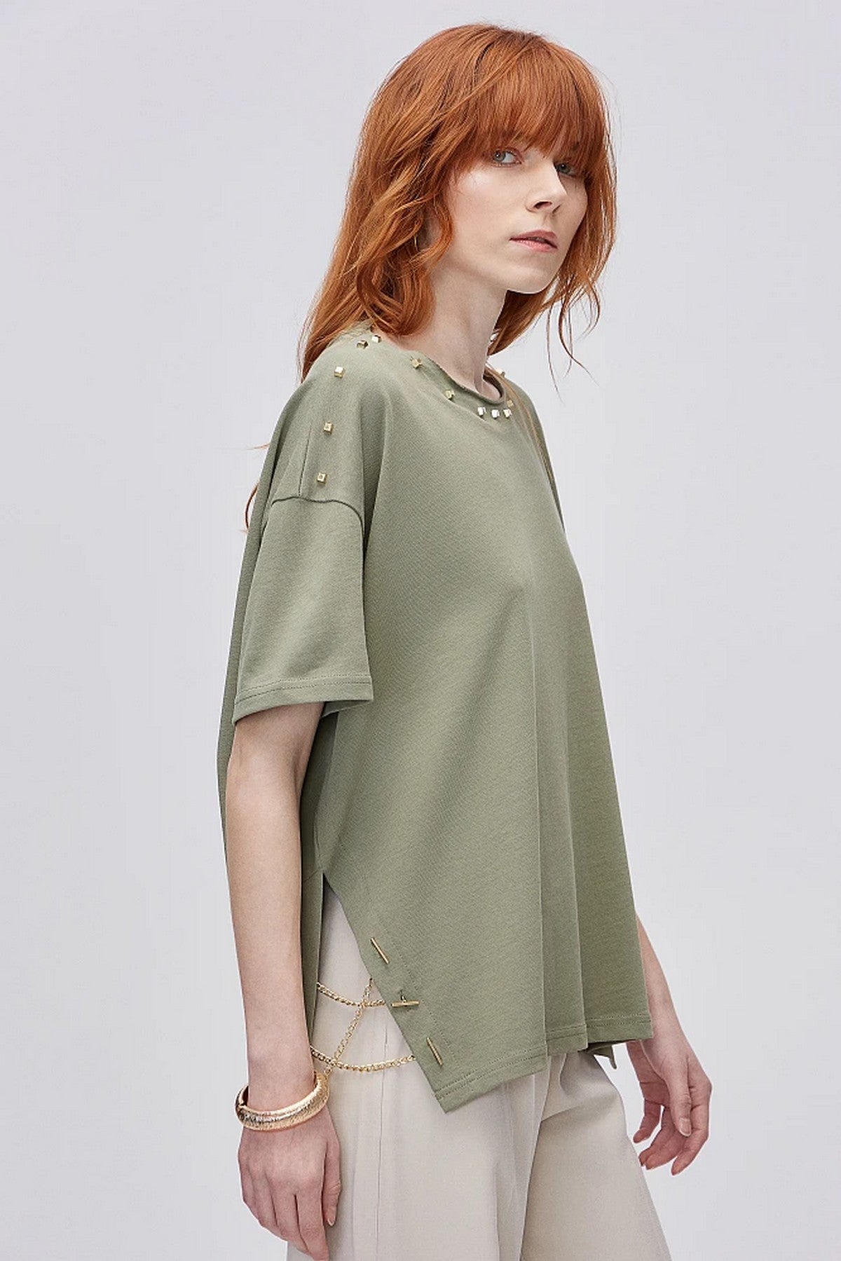 Bsb Oversize Minimalist Kadın Bluz - Kısa Kol Günlük