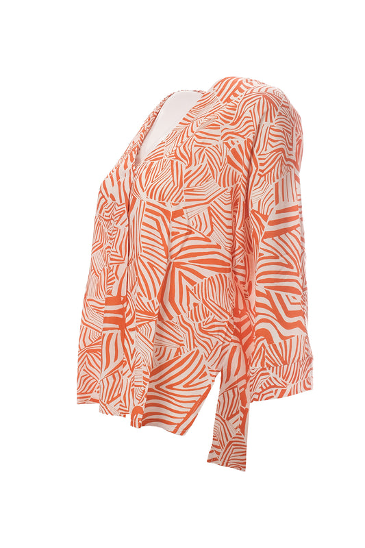 Canel Oversize V Yaka 3/4 Kol Kadın Bluz - Geometrik Desen