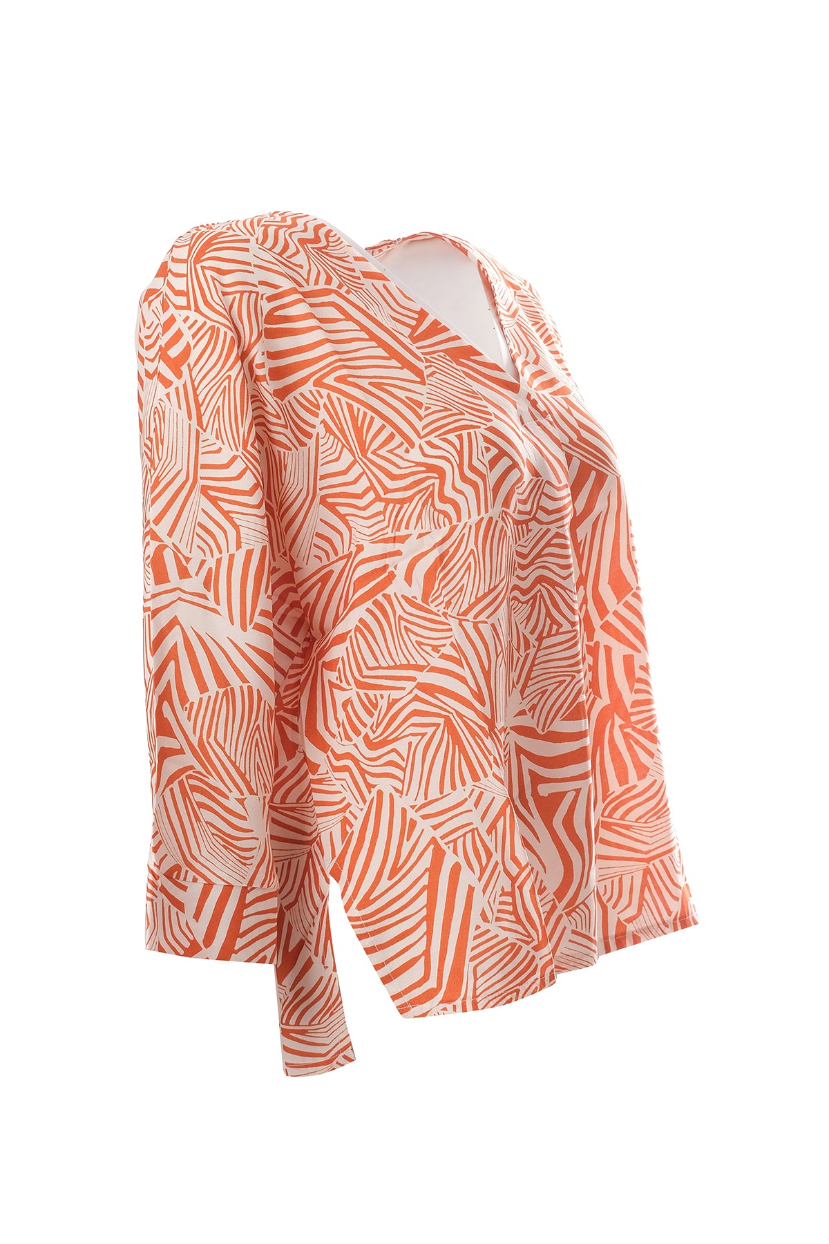 Canel Oversize V Yaka 3/4 Kol Kadın Bluz - Geometrik Desen