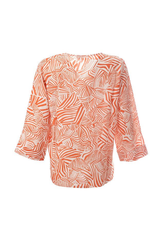 Canel Oversize V Yaka 3/4 Kol Kadın Bluz - Geometrik Desen