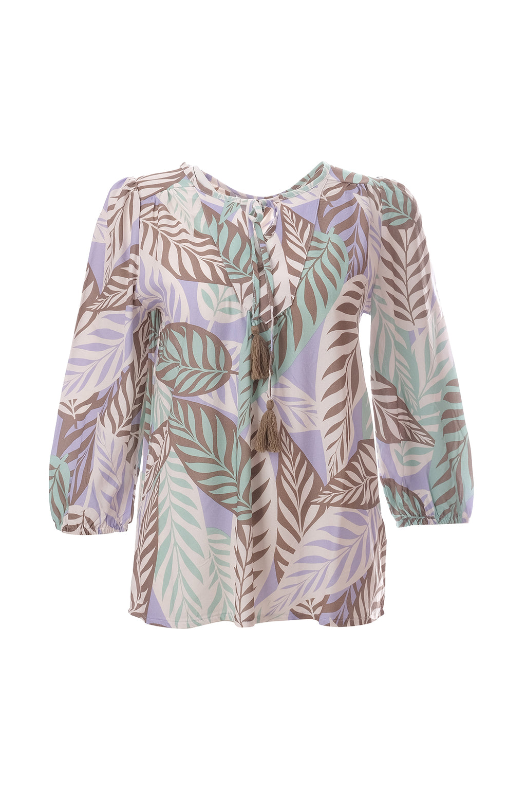 Canel 3/4 Kol Midi Bohemian Bluz - Yaprak Desenli Şifon Bluz