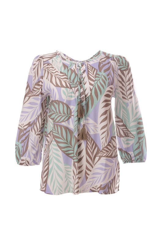 Canel 3/4 Kol Midi Bohemian Bluz - Yaprak Desenli Şifon Bluz