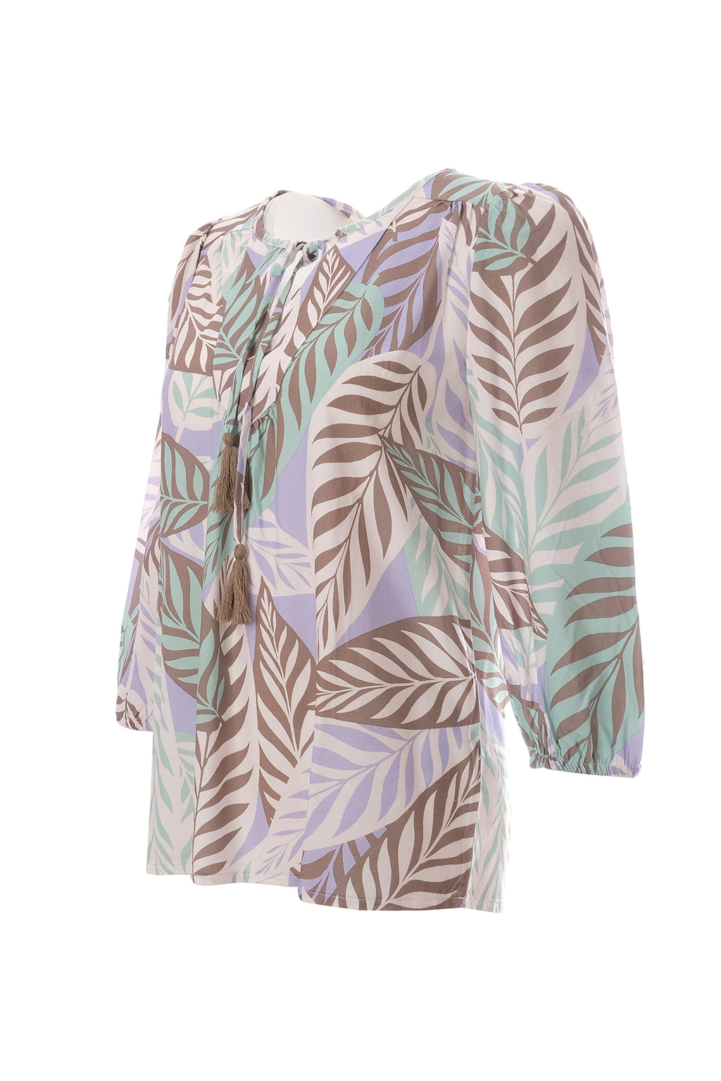 Canel 3/4 Kol Midi Bohemian Bluz - Yaprak Desenli Şifon Bluz