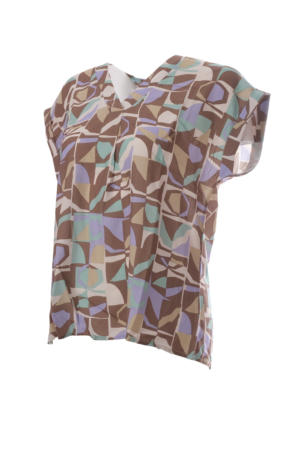 Canel V Yaka Kısa Kol Oversize Minimalist Kadın Bluz - Geometrik Desen Secondary image