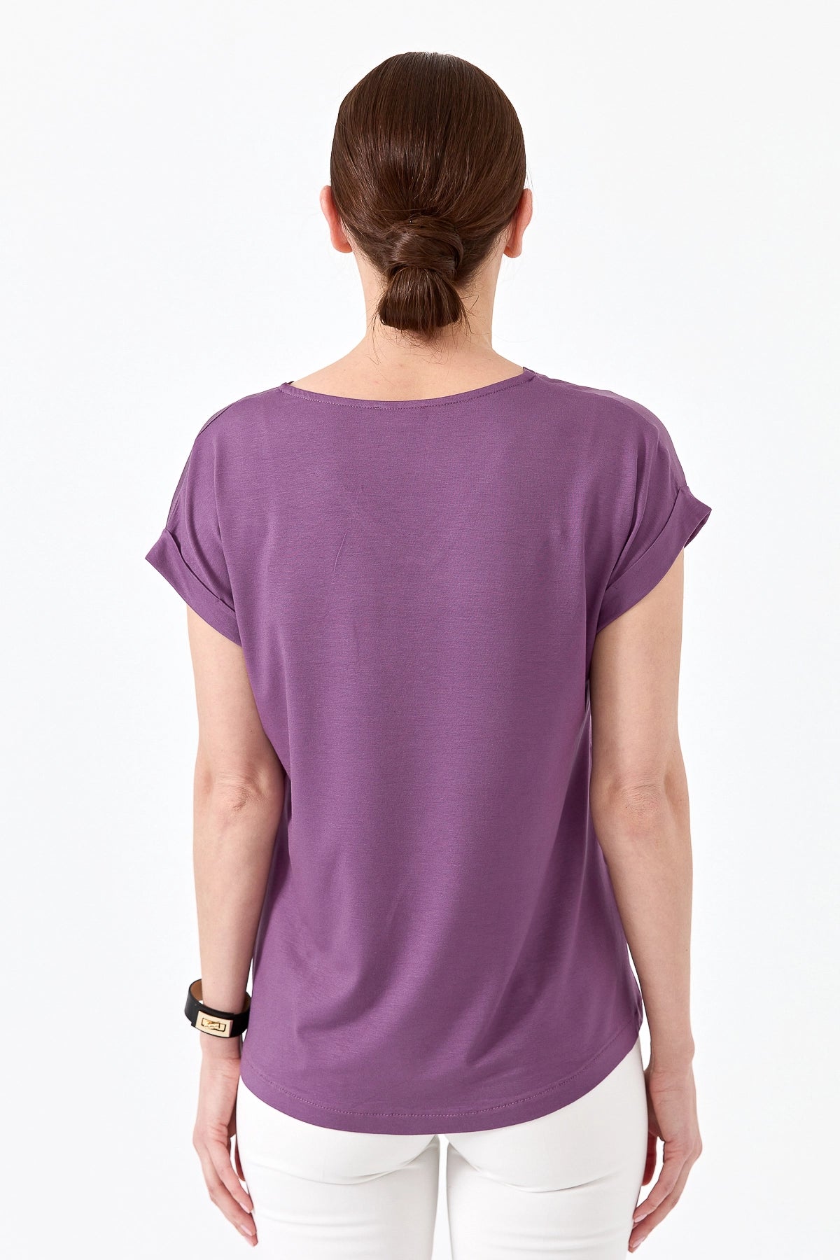 Desen Minimalist V Yaka Kısa Kol Oversize Kadın Bluz - Günlük Şıklık