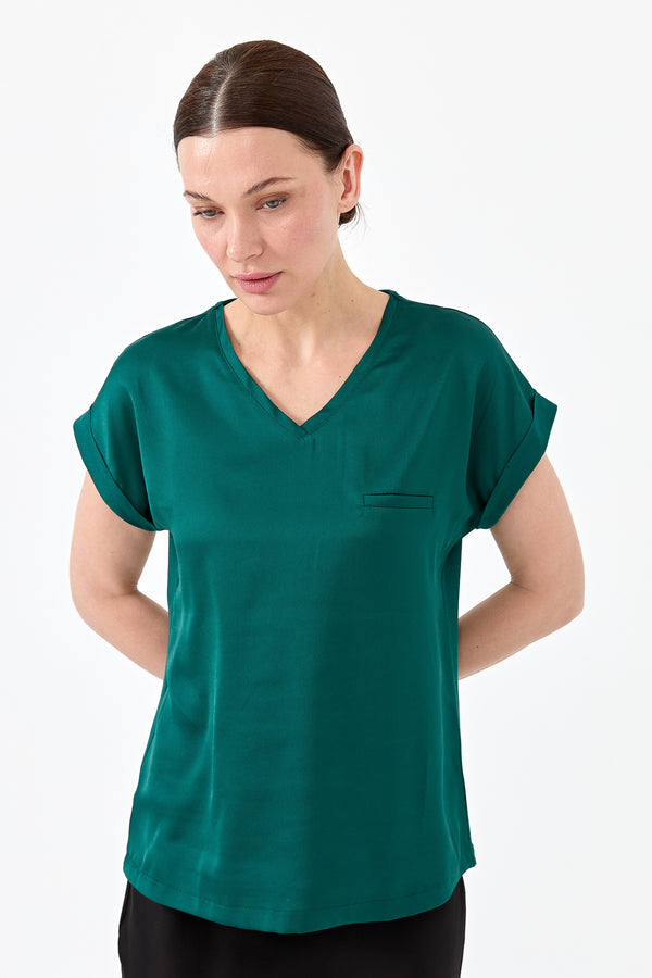 Desen Minimalist V Yaka Kısa Kol Oversize Kadın Bluz - Günlük Şıklık