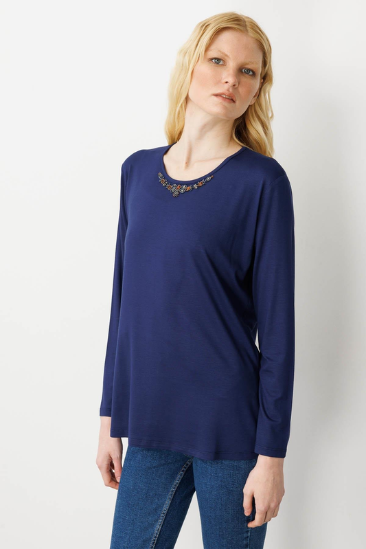 Kadın Sıfır Yaka Boncuk İşlemeli Penye Bluz SiyahDesen