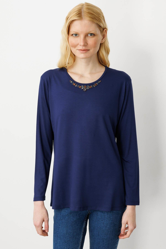 Kadın Sıfır Yaka Boncuk İşlemeli Penye Bluz SiyahDesen