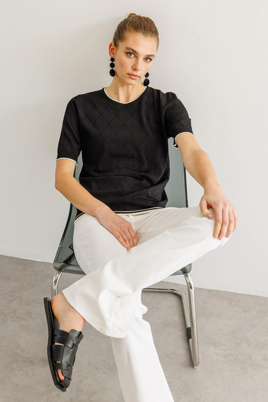 Kadın Sıfır Yaka Baklava Desenli Yazlık Triko Bluz Desen