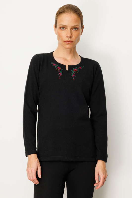 Women's Crew Neck Wool Blouse with Embroidered Neckline Pattern 