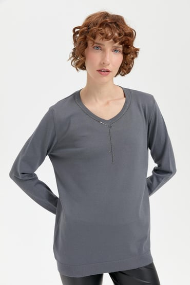 Women's V-Neck Embellished Necklace Patterned Ligra Blouse 