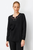 Women's Crew Neck Blouse with Floral Embroidery Pattern