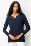 Women's Crew Neck Blouse with Floral Embroidery Pattern