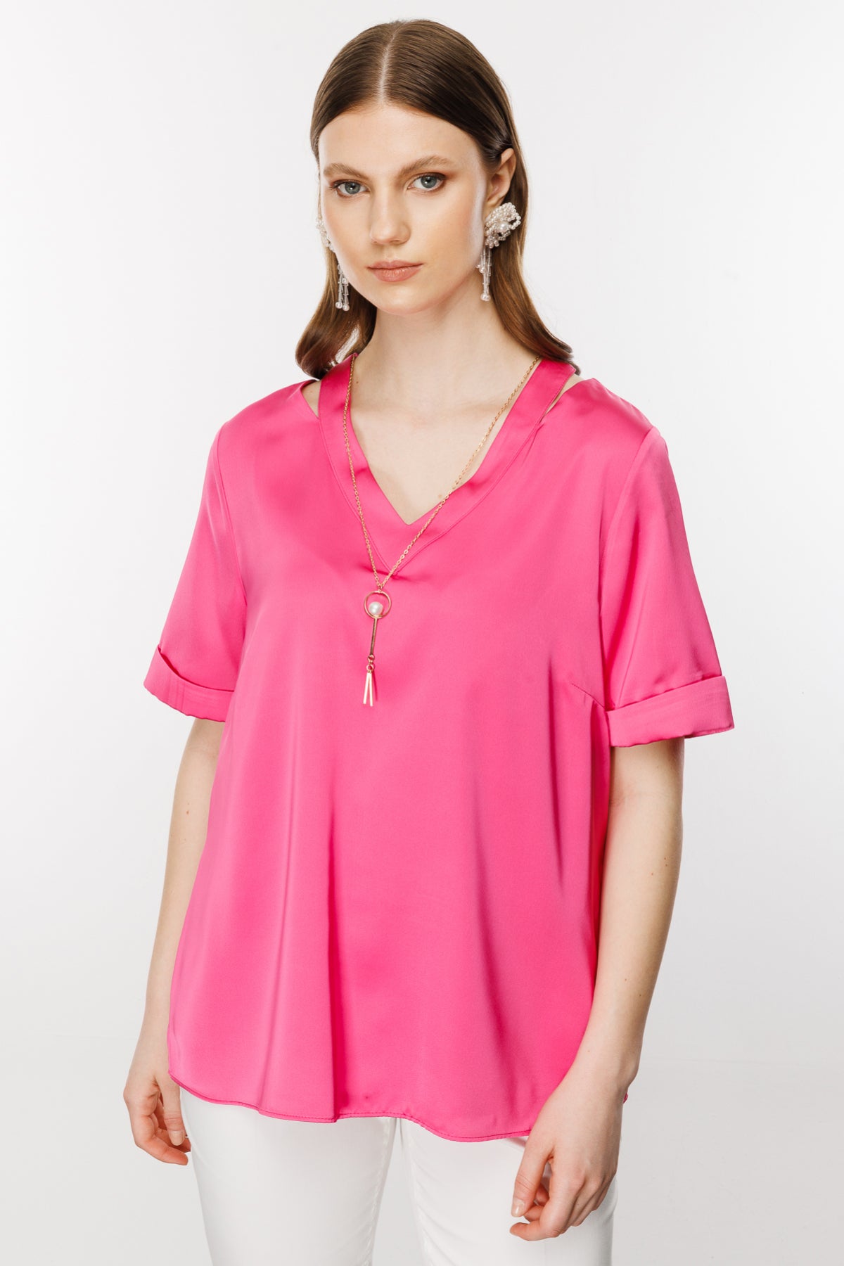 Ekol Oversize V Yaka Kadın Bluz - Minimalist Saten Günlük Bluz Main image