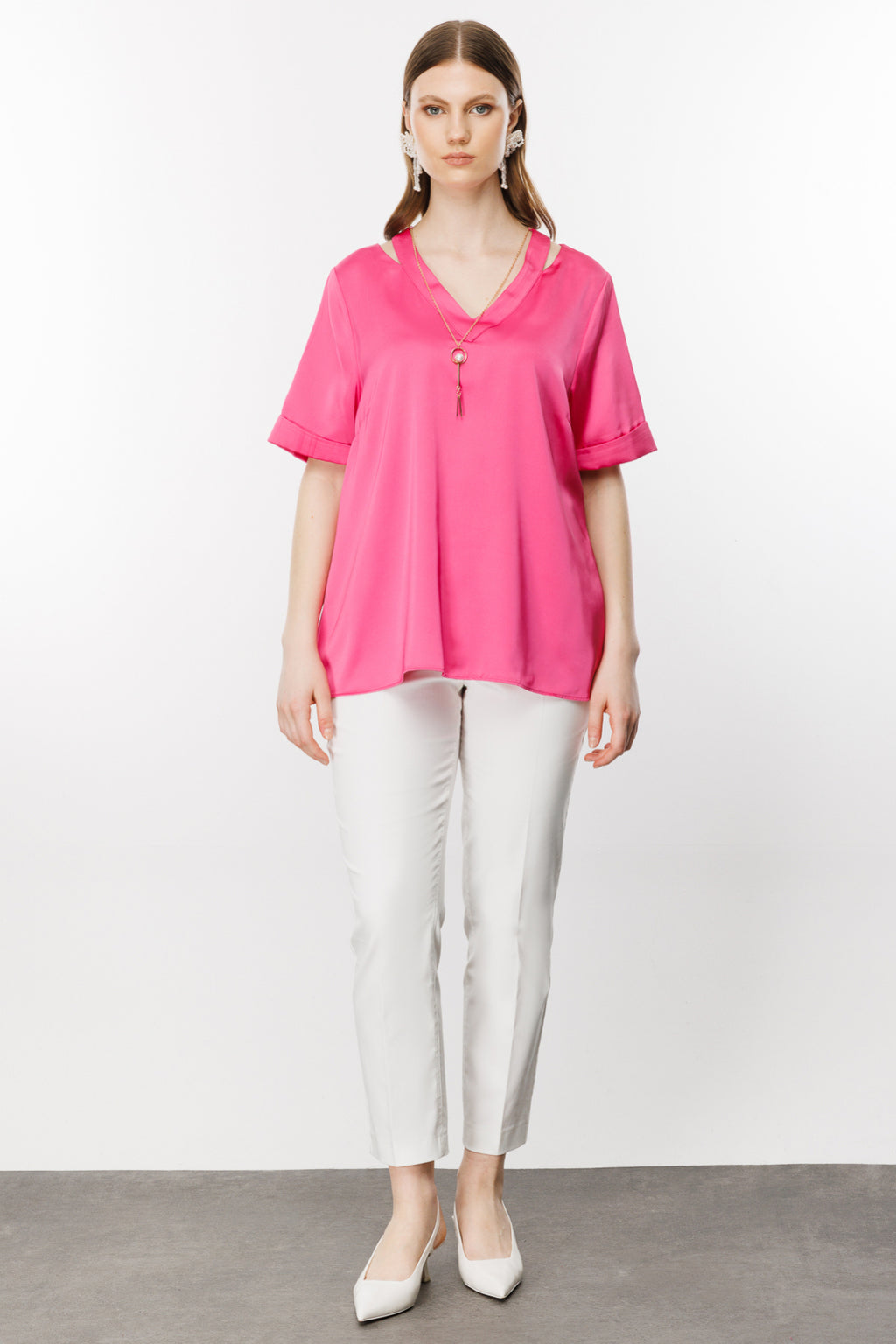 Ekol Oversize V Yaka Kadın Bluz - Minimalist Saten Günlük Bluz