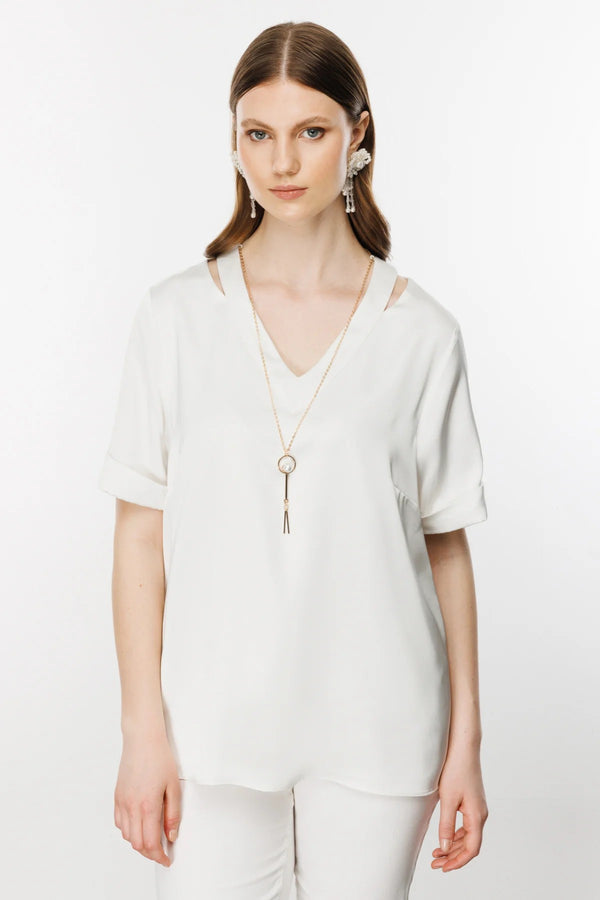 Ekol Oversize V Yaka Kadın Bluz - Minimalist Saten Günlük Bluz