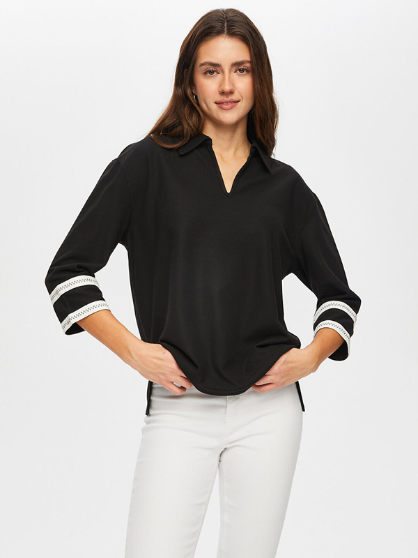 Zigzag Şeritli Polo Yaka Örme Bluz Faik Sönmez