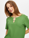 Short-sleeved knitted blouse with metal ring detail on the collar by Faik Sönmez