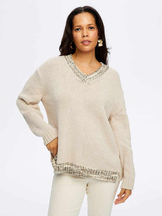 V Yaka Pamuklu Triko Bluz Faik Sönmez