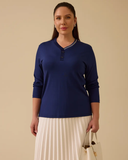 büyük beden v yajakı uzun kollu şerit detaylı bluz Gala-Xi