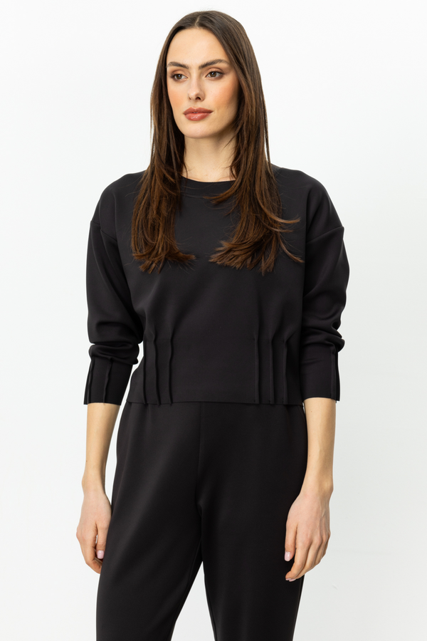 On Kadın Minimalist Crop Bluz - Oversize 3/4 Kol Yuvarlak Yaka