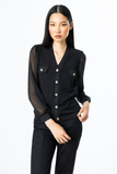 Ten Women's V-Neck Long-Sleeved Minimalist Blouse with Chiffon Details