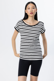 On Minimalist Oversize Striped Women's Blouse - Short Sleeve Round Neck