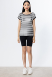 On Minimalist Oversize Striped Women's Blouse - Short Sleeve Round Neck