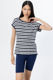 On Minimalist Oversize Striped Women's Blouse - Short Sleeve Round Neck