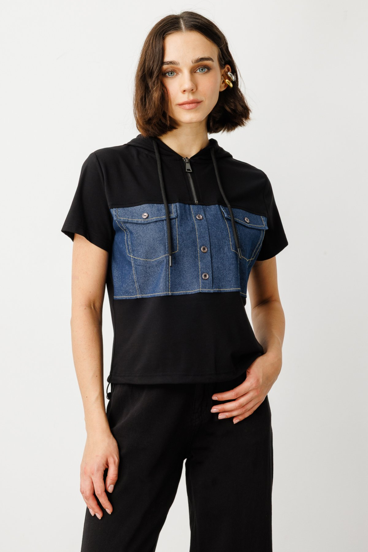 On Denim Detaylı Kapüşonlu İkincil görsel
