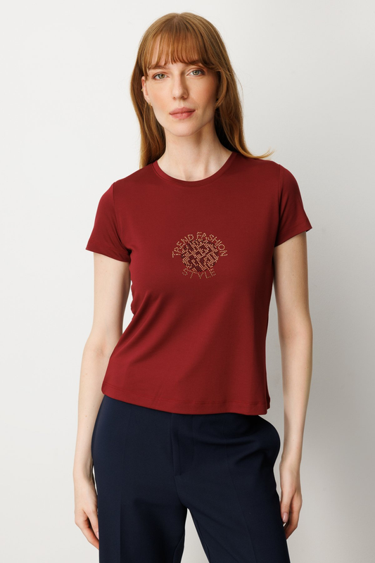 Front Stone Print Short-Sleeved Blouse