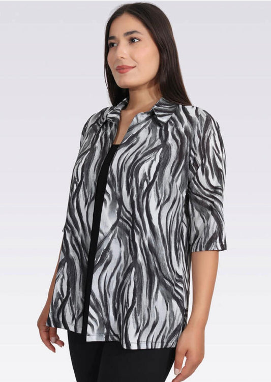 Tolga Saraçoğlu Kadın Bluz - Minimalist Zebra Desenli 3/4 Kol Oversize