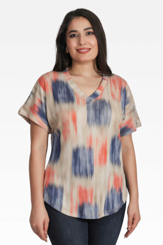 V-neck, dropped sleeve, relaxed fit, patterned knit sweater.