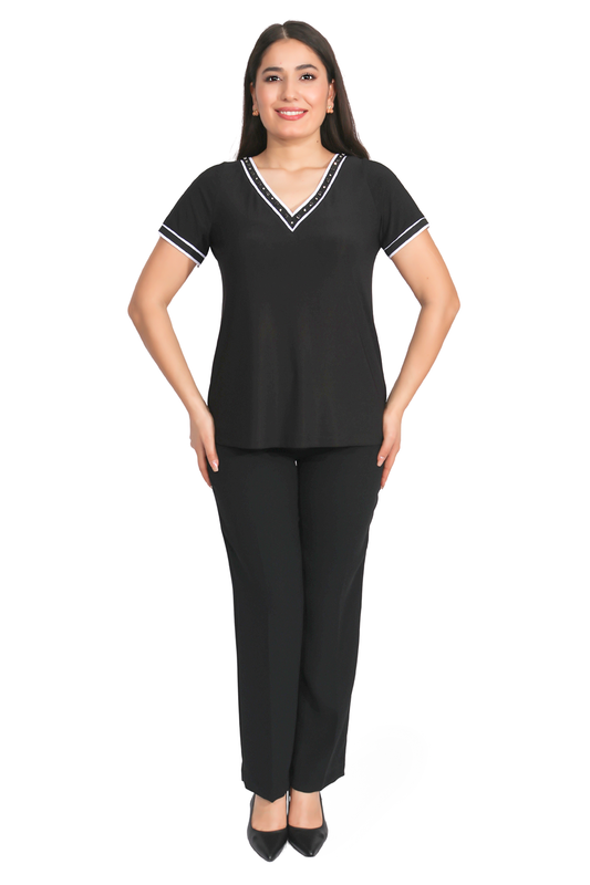 Elegant Blouse with Striped Detail and Stone Embellishments by Tolga Saraçoğlu